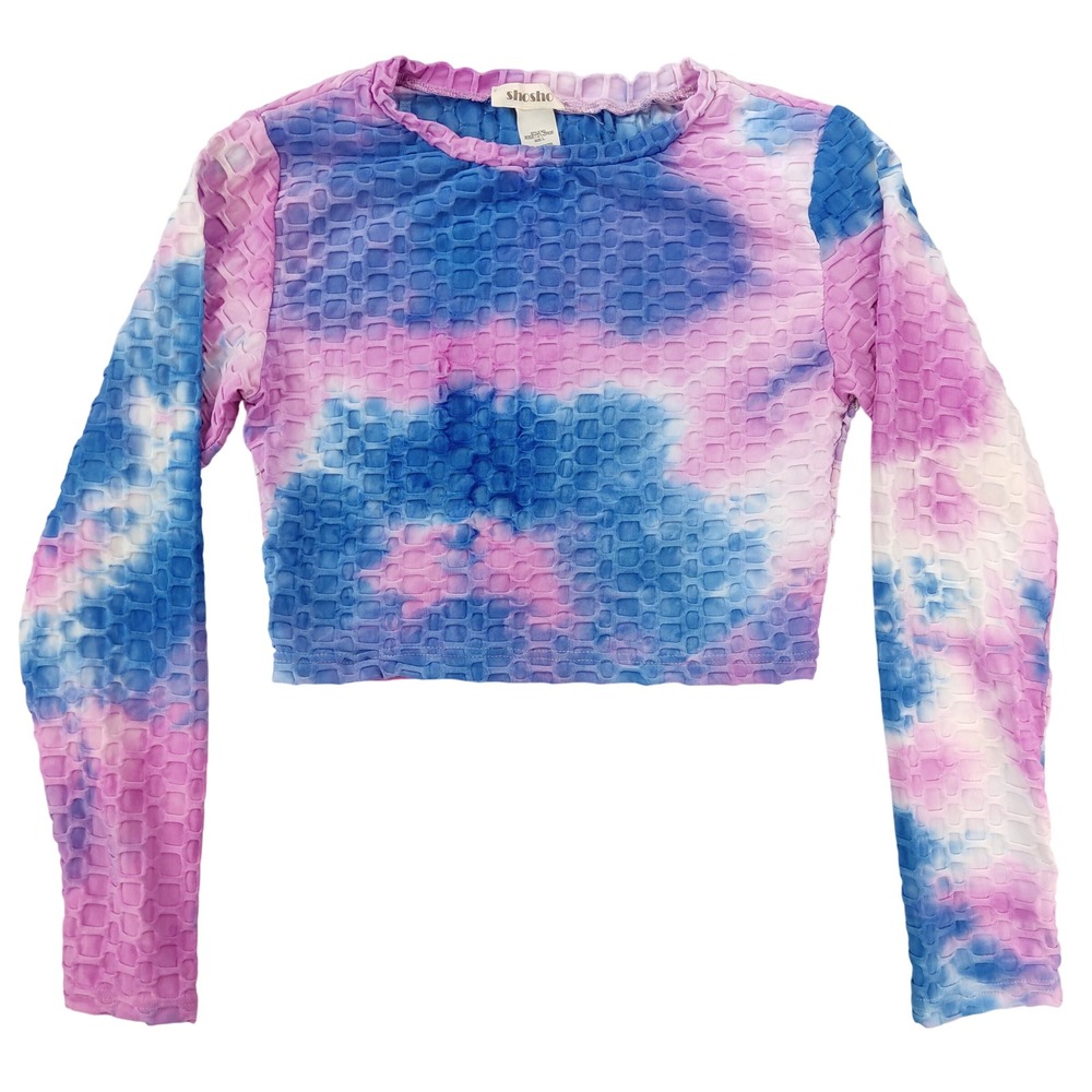 Shosho Crop Top Womens Large Blue Purple Tie Dye Honeycomb Texture Long Sleeve